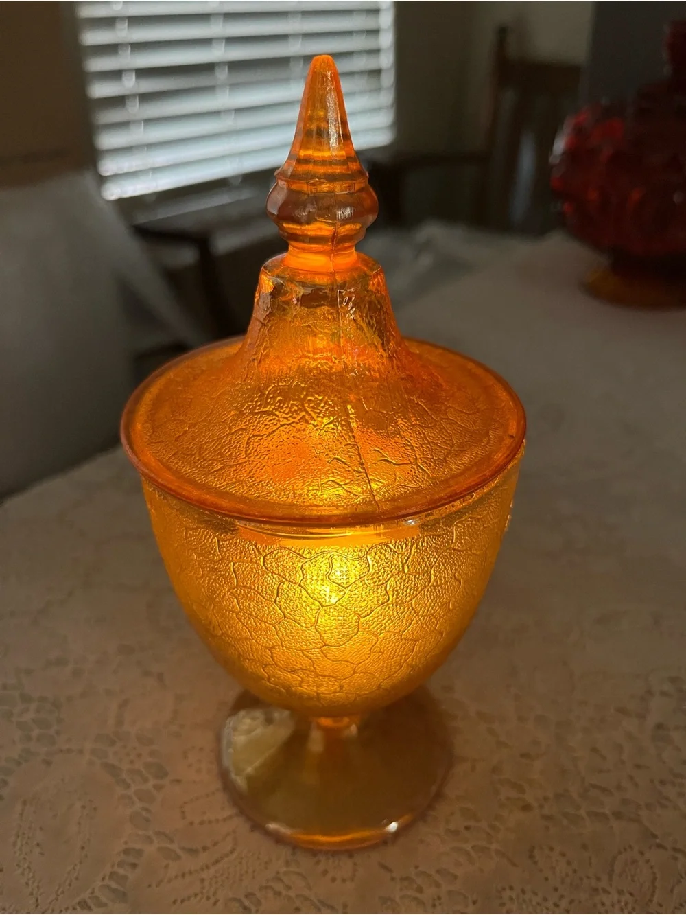Vintage Marigold Carnival Glass Apothecary Fairy Lamp Pedestal Jar